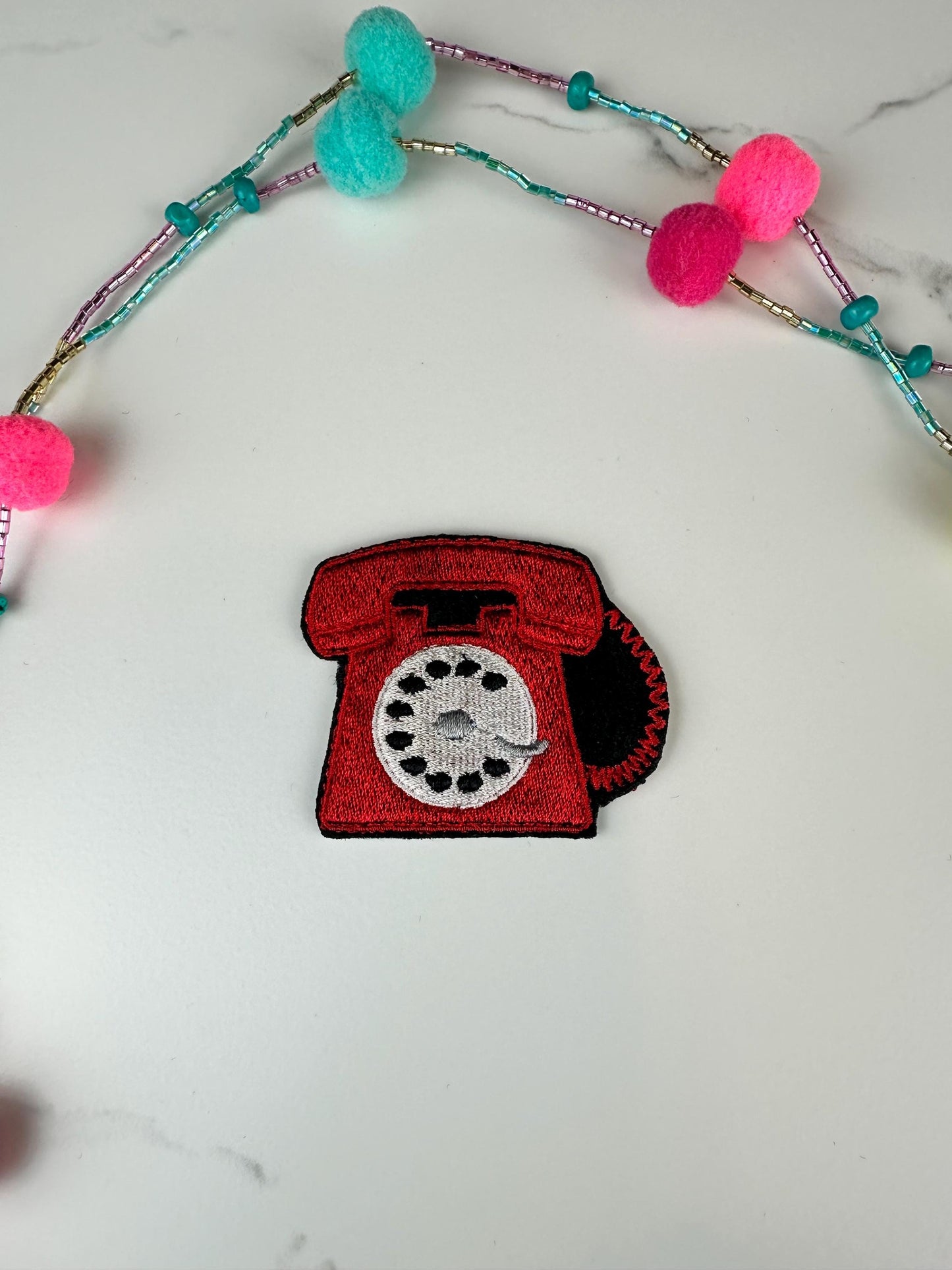 Mini Rotary Phone Embroidery Patch - Red or Pink