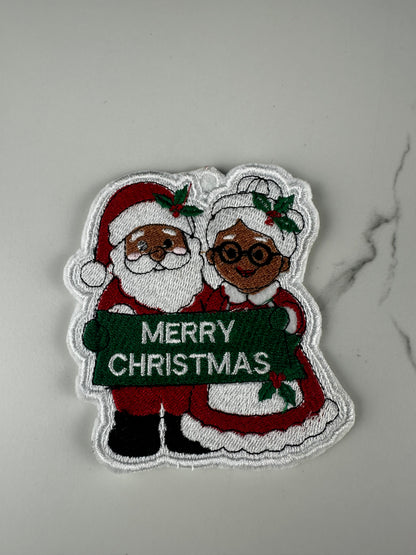 Black Santa and Mrs. Claus. Merry Christmas Embroidered Patch, Christmas Ornament, African American Santa Patch, Holiday Applique
