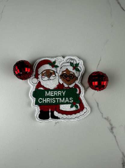 Black Santa and Mrs. Claus. Merry Christmas Embroidered Patch, Christmas Ornament, African American Santa Patch, Holiday Applique