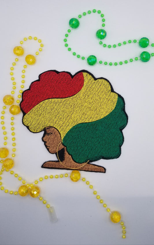 Afro Women Sew on Embroidery Patches RED YELLOW GREEN, Adhesive backing for placement. For Her Birthday, Black Woman Patch, 10.00