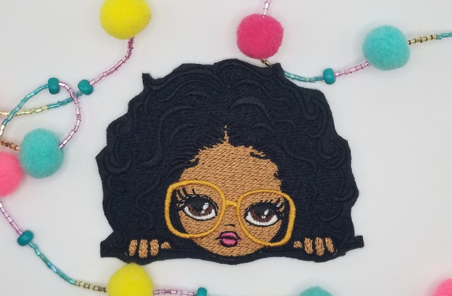 Black Girl Wearing Large Glasses Embroidery Patch, Sew On Patch with Iron-On Backing for Placement, Cute Black Girl Magic Handmade Patch