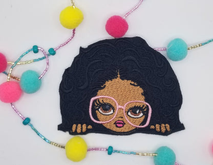 Black Girl Wearing Large Glasses Embroidery Patch, Sew On Patch with Iron-On Backing for Placement, Cute Black Girl Magic Handmade Patch