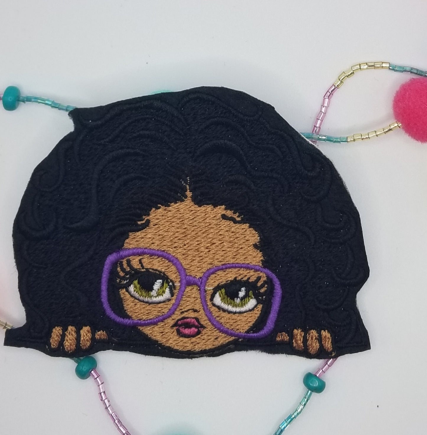 Black Girl Wearing Large Glasses Embroidery Patch, Sew On Patch with Iron-On Backing for Placement, Cute Black Girl Magic Handmade Patch