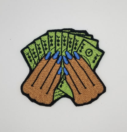 Money and Hands Sew On Embroidery Patch with Iron on backing for placement. Handmade Patch, Fingernail Patch, Black Woman Patch, ***9.00***