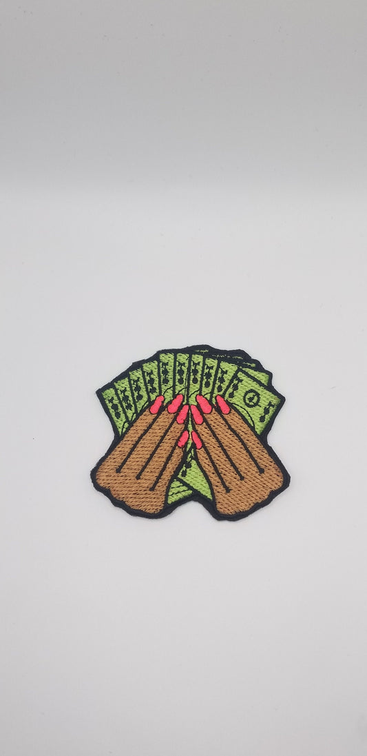 Money and Hands Sew On Embroidery Patch with Iron on backing for placement. Handmade Patch, Fingernail Patch, Black Woman Patch, ***9.00***