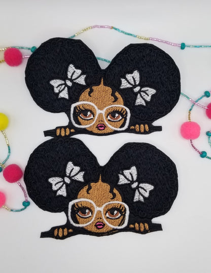 Black Teen Girl wearing Large Glasses Sew on patch with Iron on backing for placement. Cute Little Girl BGM, Handmade Patch 9.00