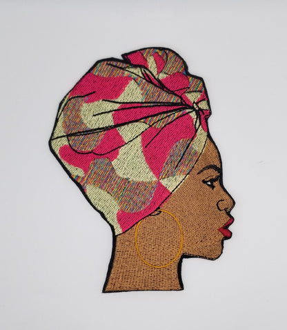 Afro Woman Embroidery Patch: Head Wrap Sew-On patch (4 1/4" X 5 3/4")