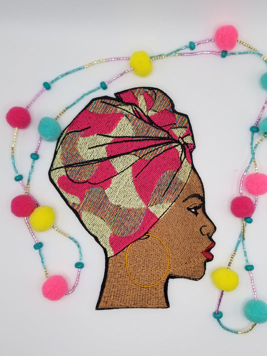 Afro Woman in Beautiful Head Wrap Sew on Patch with Iron on backing for placement.  4 1/4" X 5 3/4" Birthday Gift,   9.99