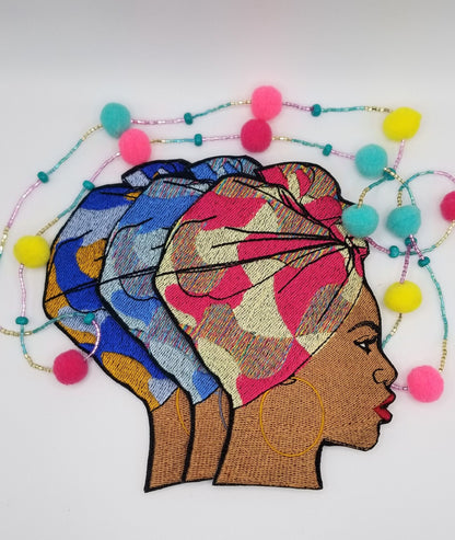 Afro Woman in Beautiful Head Wrap Sew on Patch with Iron on backing for placement.  4 1/4" X 5 3/4" Birthday Gift,   9.99