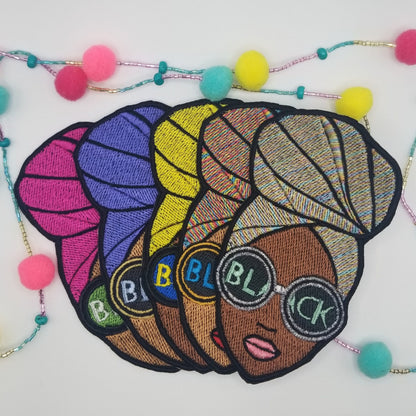 Afro Woman with Head Wrap Sew on Embroidery Patch with adhesive backing. Black Woman wearing Glasses Patch,  Hand Made Patches, 6.00