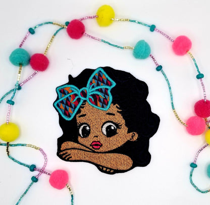 Black Girl with Arms Crossed Embroidery Patch, 3D Black Girl Magic Patch with African Bow, Handmade Sew On Patch for Jackets & Bags