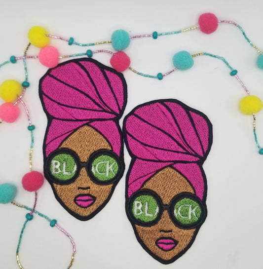 Afro Woman with Head Wrap Sew on Embroidery Patch with adhesive backing. Black Woman wearing Glasses Patch,  Hand Made Patches, 6.00