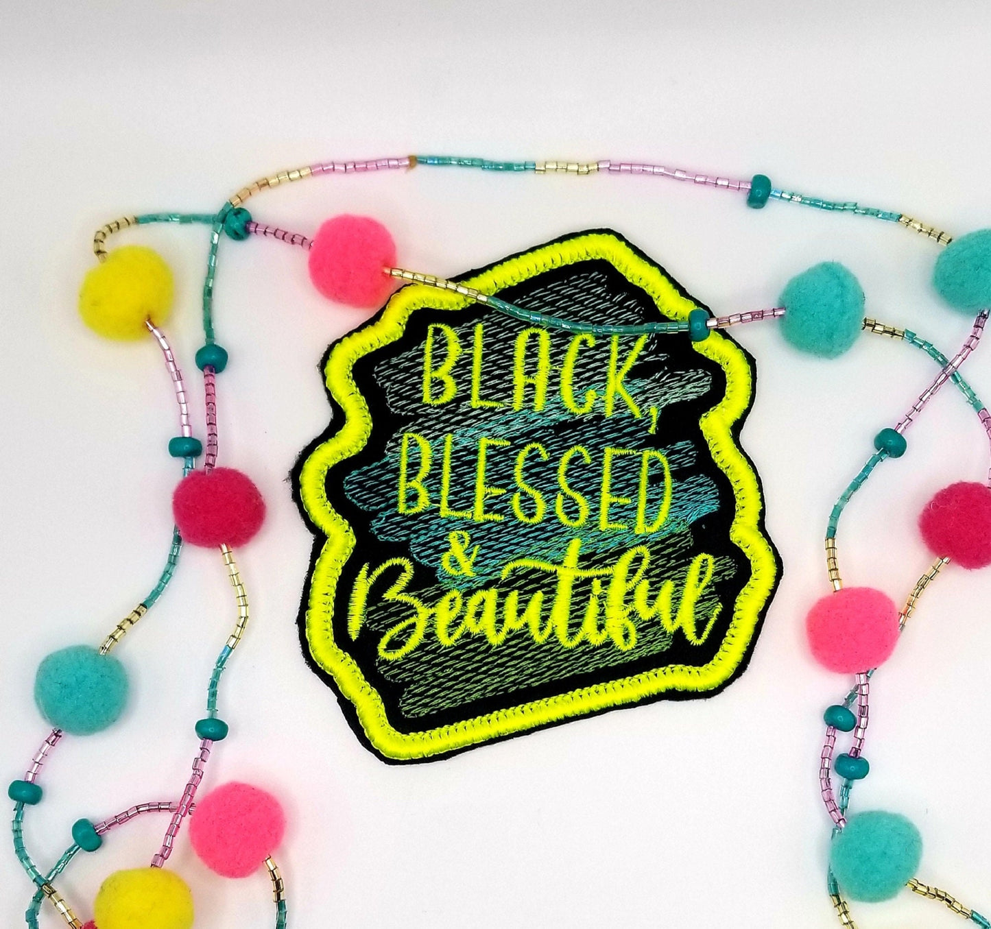 Black, Blessed, & Beautiful Iron On Embroidery Patch for Jeans, Jacket Designs, Popping Colors   11.00