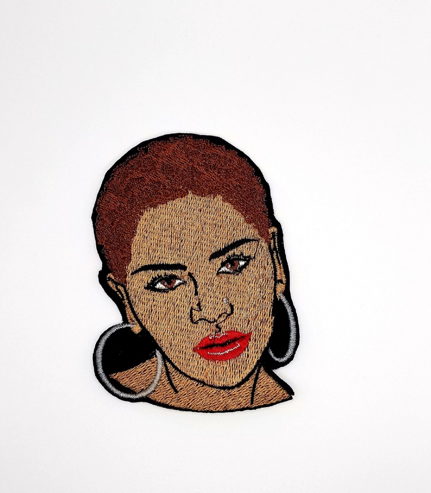 Black Woman Embroidery Patch, Short Afro Nose Ring Patch, Earrings & Lipstick, Choose Size, Sew On with Iron-On Adhesive for Placement