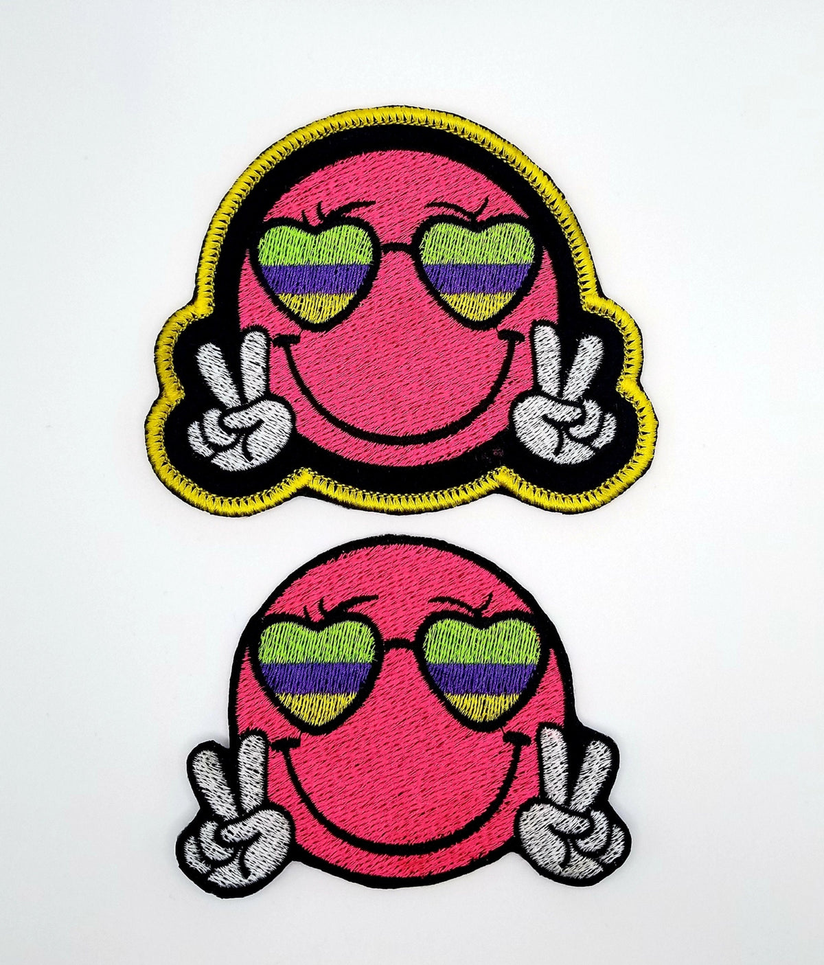 Smiling face set of 2 Embroidery Patch with heart eyes and white gloves and SATIN Border  on large patch  10.00
