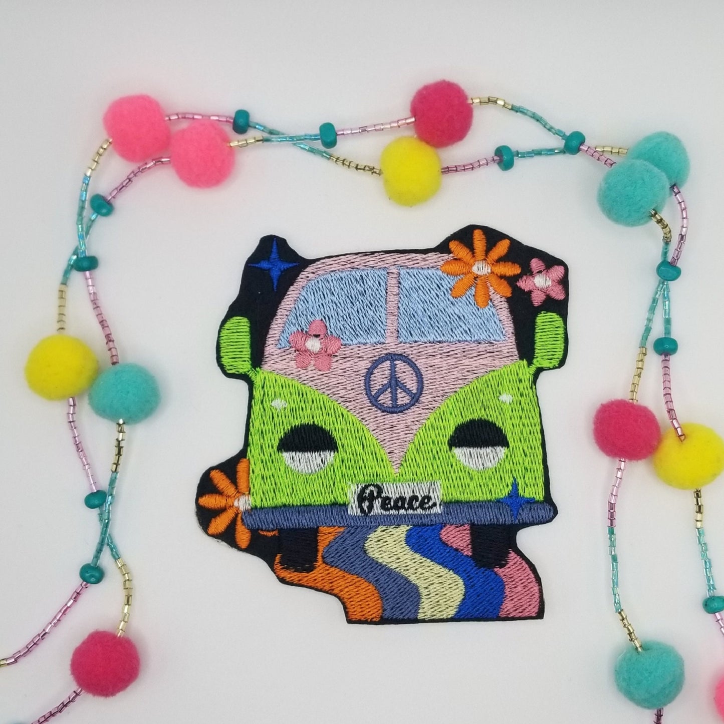 Embroidered Hippie Bus Patch: Retro 70s Flower Power