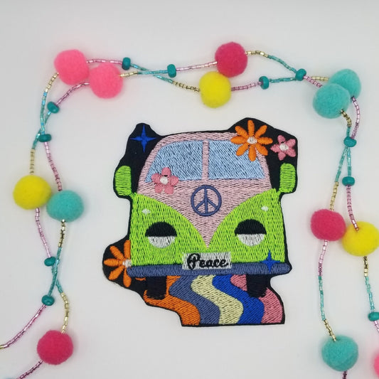 Hippie Retro Groovy Bus Embroidery Sew on patch with Iron On backing. Flower Power, 1970's    7.00
