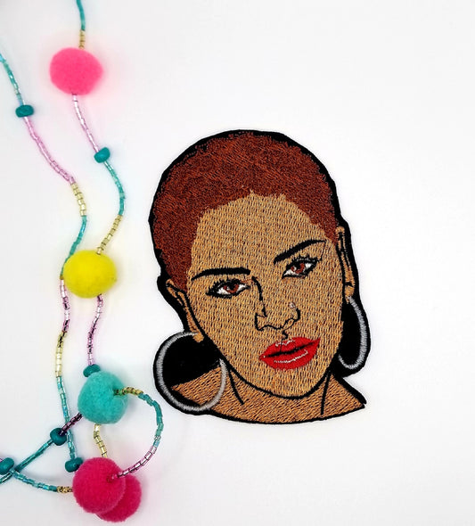 Black Woman  sew on embroidery with adhesive backing. Short Afro and Nose Ring with Purple, Red and Gold Hair. Small 2 3/4" X 3 7/8"...8.00
