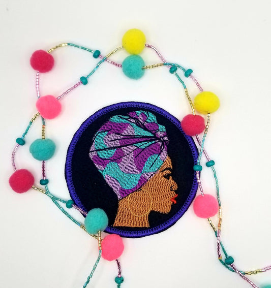 Afro Woman in African Head Wrap .e w on patch with Iron on Backing for placement Embroidery Patch, Round Patch with Satin Stitch 8.78