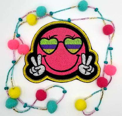 Smiling face set of 2 Embroidery Patch with heart eyes and white gloves and SATIN Border  on large patch  10.00