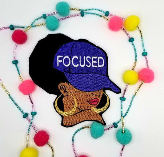 Afro Woman "FOCUSED" Sew on Patch wit Iron on backing . 3d Black woman Patch, Ball Cap with  FOCUSED on the Cap wearing Earrings....9.97
