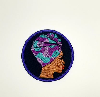 Afro Woman in African Head Wrap .e w on patch with Iron on Backing for placement Embroidery Patch, Round Patch with Satin Stitch 8.78