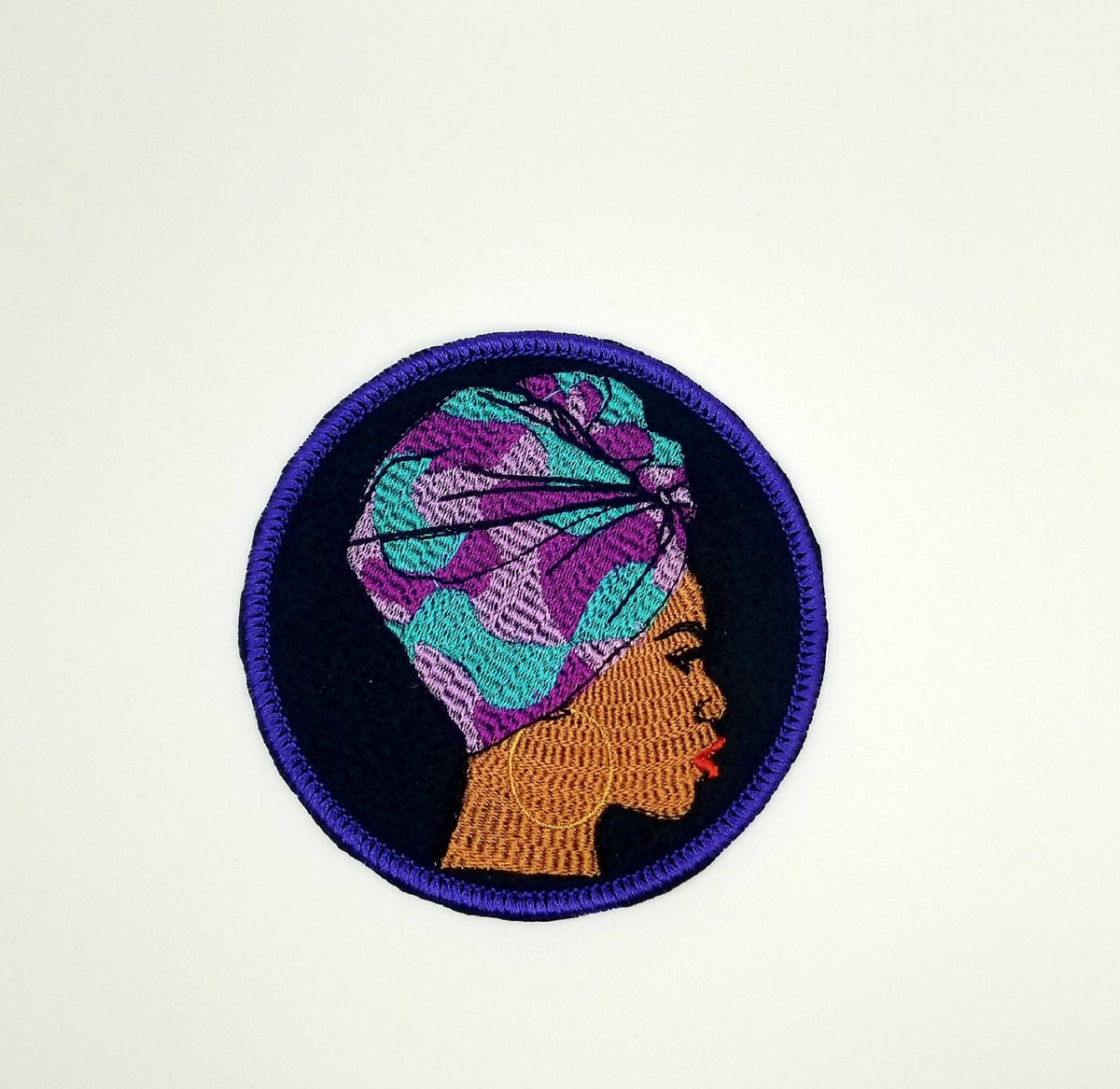 Afro Woman in African Head Wrap .e w on patch with Iron on Backing for placement Embroidery Patch, Round Patch with Satin Stitch 8.78