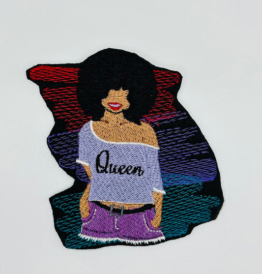 Black Queen Afro Woman Sew on patch with Iron on backing for placement.  Satin Border 7.79
