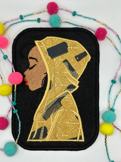 Black Girl Embroidery Applique Sew on patch with Iron on backing for placement. African Fabric in a  Satin Border. BGM patch   9.98
