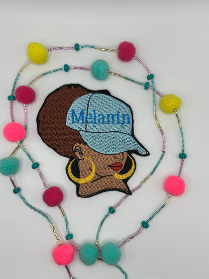 Afro Woman Sew on Patch with Iron on backing, " Melanin" Embroidery Patch, with a Light blue Cap and Earrings. Black woman Gift ***9.97