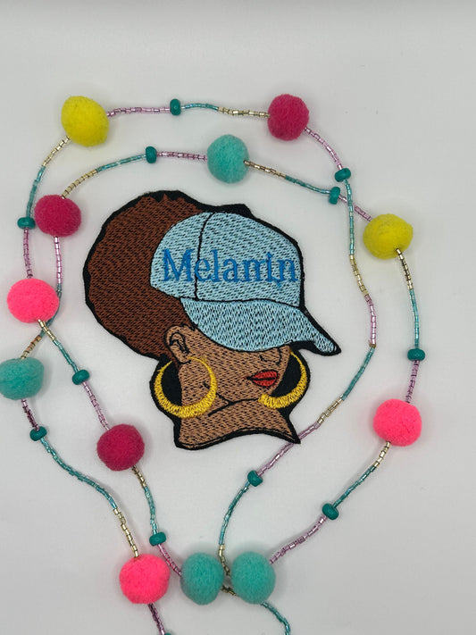 Afro Woman Sew on Patch with Iron on backing, " Melanin" Embroidery Patch, with a Light blue Cap and Earrings. Black woman Gift ***9.97