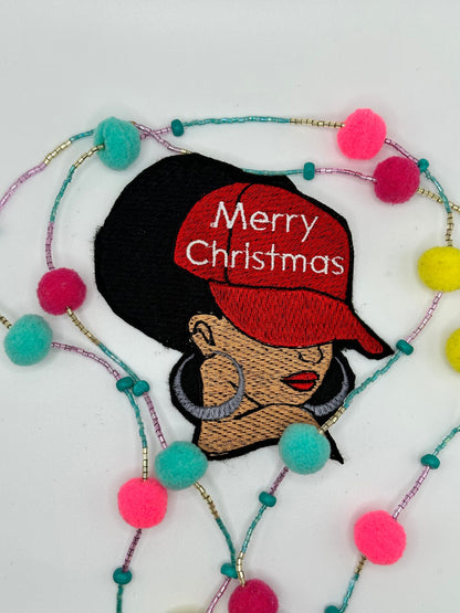 Afro Woman Merry Christmas Embroidery Patch, Sew On Patch with Iron-On Backing for Placement, Christmas Cap and Earrings, Black Woman Gift
