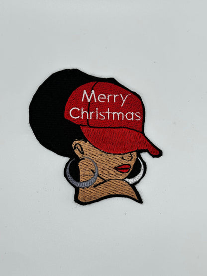 Afro Woman Merry Christmas Sew on patch with Iron on backing, Christmas Gift, Black Christmas, Cap and Earrings. Black woman Gift ***9.97