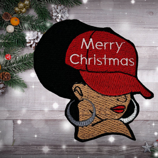 Afro Woman Merry Christmas Embroidery Patch, Sew On Patch with Iron-On Backing for Placement, Christmas Cap and Earrings, Black Woman Gift