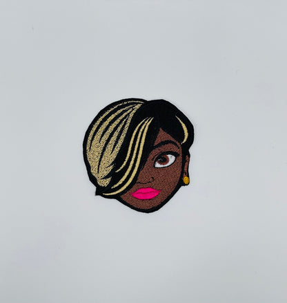 Afro Woman Sew on Embroidery Patch  with Iron on adhesive for placement, hair over one Eye,  Hand Made Patches, Gift's for Her, 7.50