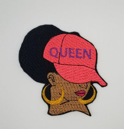 Afro Woman "Queen" Sew on patch with Iron On backing for placement. 3d Black woman Patch,   Queen on the Cap wearing Earrings....9.97