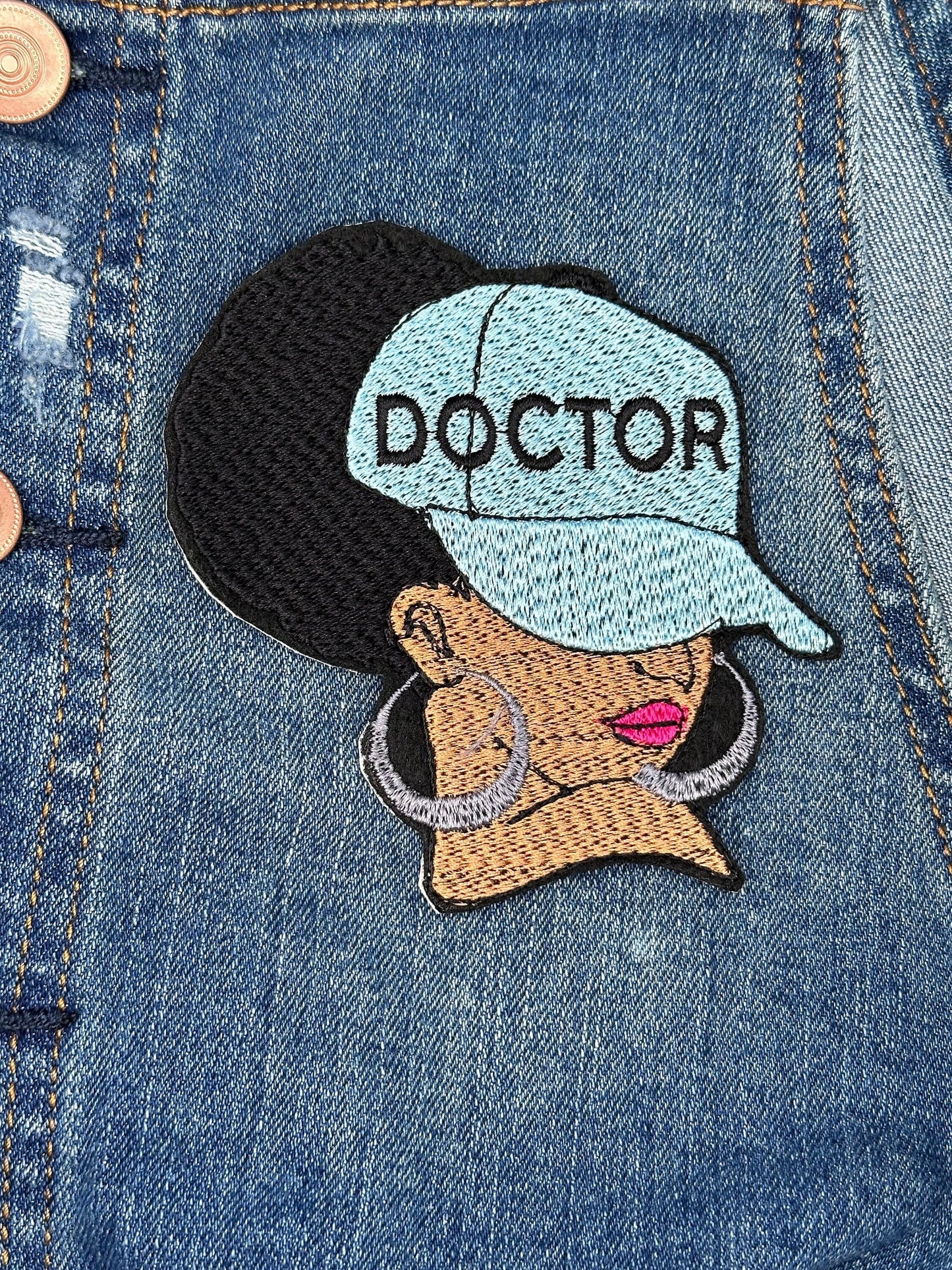 Afro Woman "Doctor" Sew on Embroidery Patch with Iron on backing for placement.  3d Black woman  Patch. Wearing Earrings....9.97