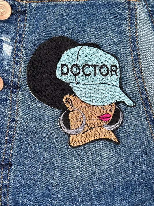 Afro Woman "Doctor" Sew on Embroidery Patch with Iron on backing for placement.  3d Black woman  Patch. Wearing Earrings....9.97