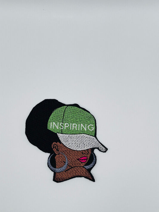 Afro Woman “INSPIRING” Embroidery Patch, 3D Black Woman Sew On Patch with Iron-On Backing, Ball Cap and Earrings for Jackets, Bags & Hats