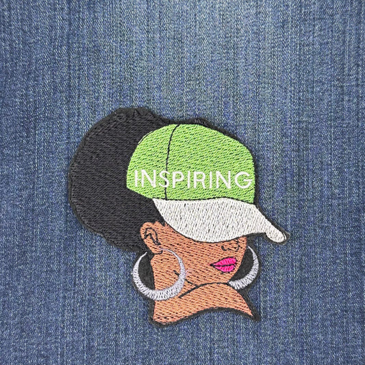 Afro Woman "INSPIRING" Sew on patch with Iron on backing. 3d Black woman Patch, Ball Cap Inspiring on the Cap wearing Earrings....9.97