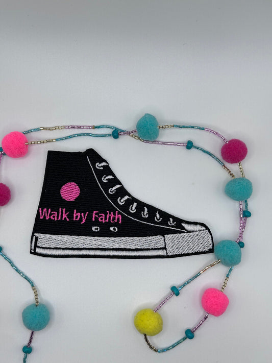 Walk by Faith Sneaker, Sew On Embroidery with adhesive backing for placement. Words on the Sole and Shoe itself. Faith based Patch 6.99