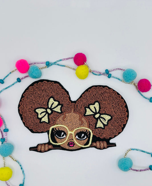 Black Teen Girl wearing Large Glasses Sew on patch with Iron on backing for placement. Cute Little Girl BGM, Handmade Patch 9.00