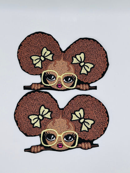 Black Teen Girl wearing Large Glasses Sew on patch with Iron on backing for placement. Cute Little Girl BGM, Handmade Patch 9.00