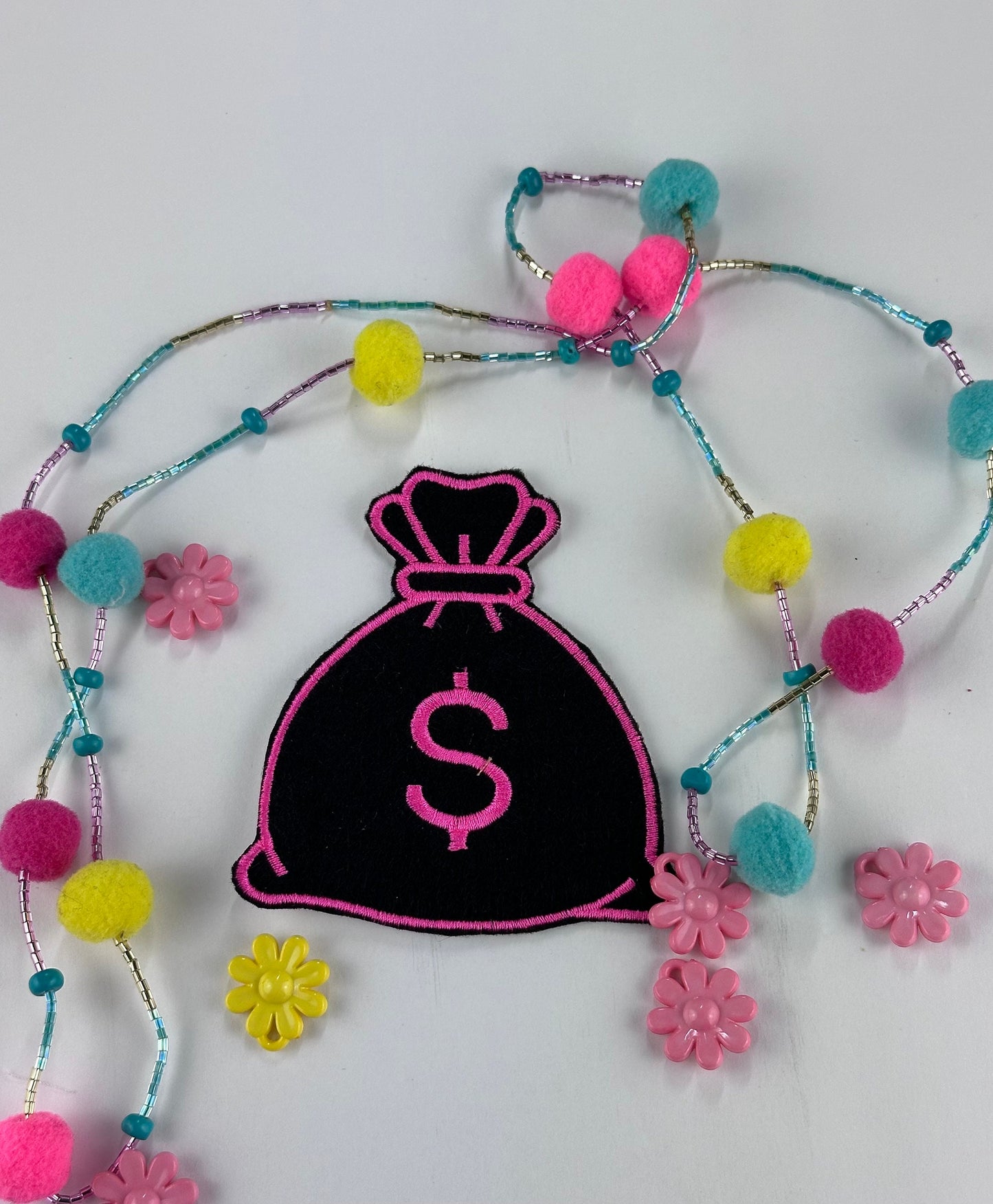 Money Bag Embroidery Patch, Pink and Green Dollar Sign Sew-On Patch for Jackets, Bags & Backpacks