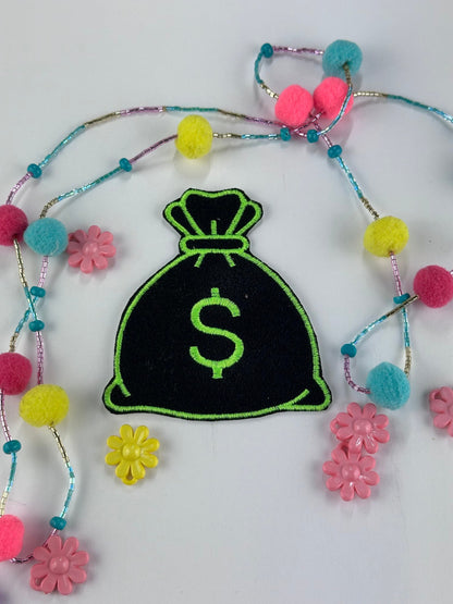Money Bag Embroidery Patch, Pink and Green Dollar Sign Sew-On Patch for Jackets, Bags & Backpacks