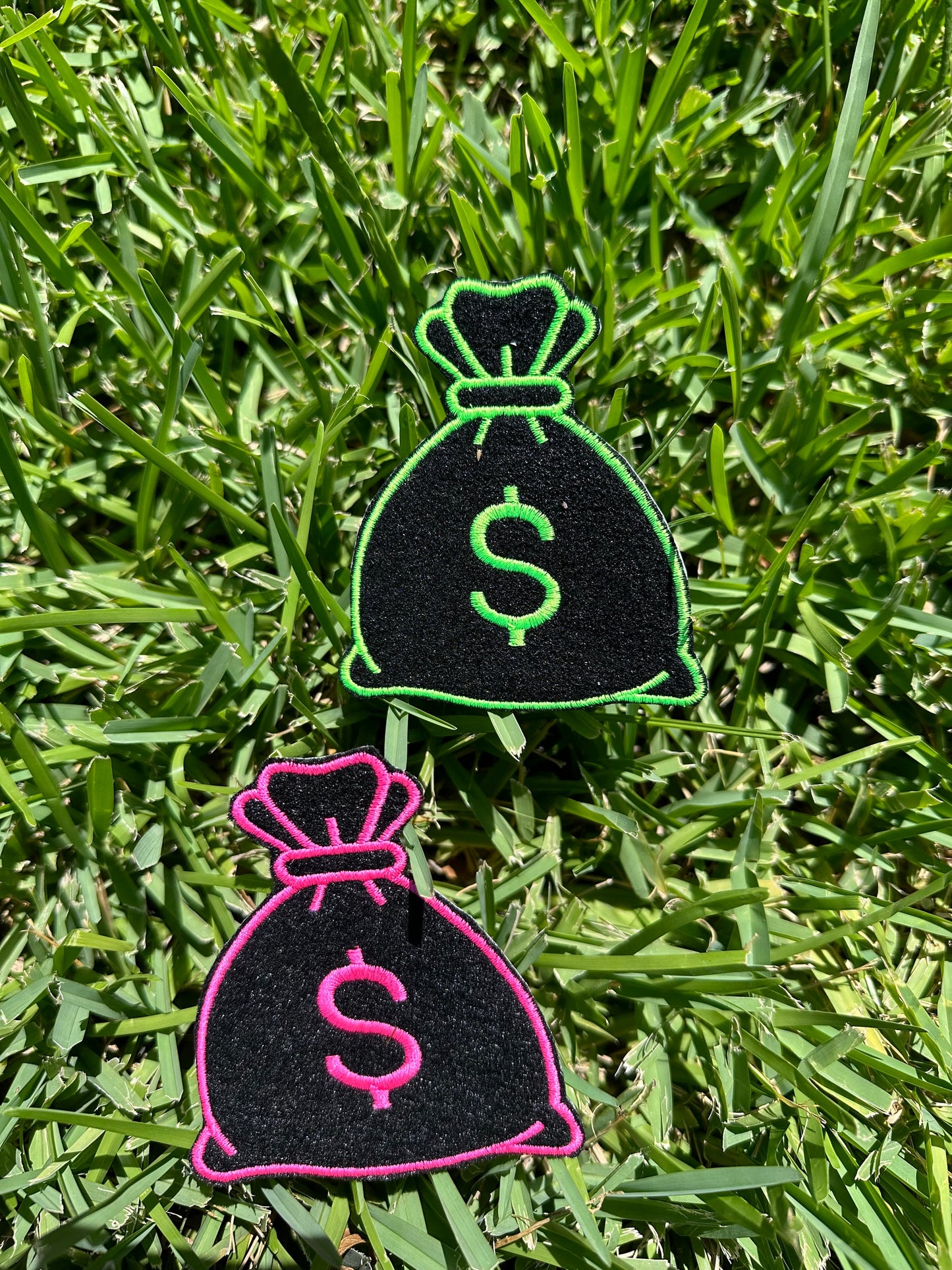 Money Bag Embroidery Patch, Pink and Green Dollar Sign Sew-On Patch for Jackets, Bags & Backpacks