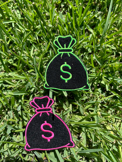 Money Bag Embroidery Patch, Pink and Green Dollar Sign Sew-On Patch for Jackets, Bags & Backpacks