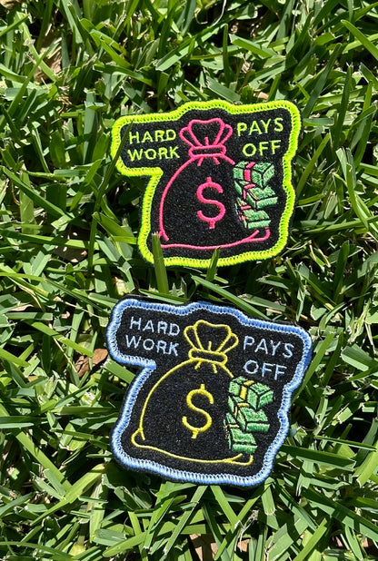 Money Bag Patch “Hard Work Pays Off”, Embroidered Sew On Patch with Iron-On Adhesive for Placement, Motivational Patch for Jackets & Bags