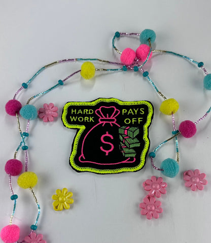 Money Bag Patch “Hard Work Pays Off”, Embroidered Sew On Patch with Iron-On Adhesive for Placement, Motivational Patch for Jackets & Bags