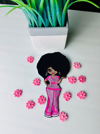 Black Nurse Embroidery Patch with Large Afro, Pink Uniform Sew-On Patch with Iron on adhesive,  LVN Black Woman Patch for Jackets & Bags